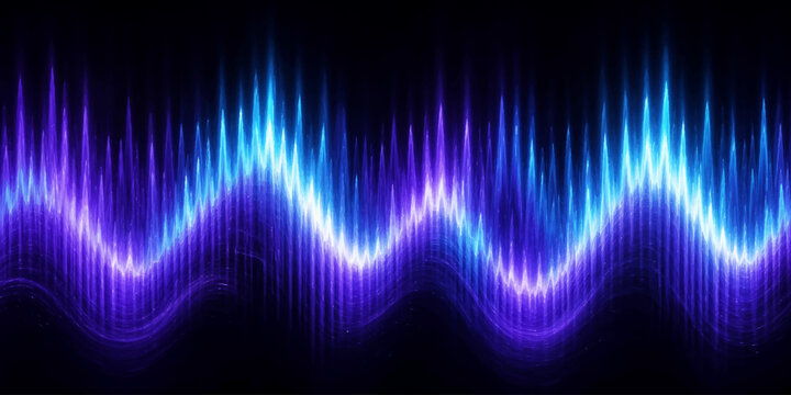 Abstract glowing blue and purple sound wave equalizer graphic on dark background with equalizer frequency vibration abstract spectrum waveform electric acoustic technology oscillation