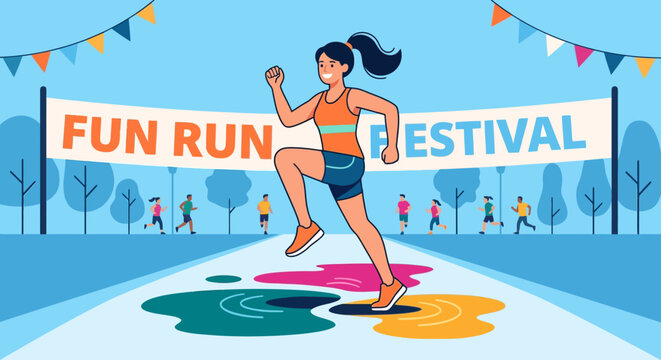 Energetic Woman Running Through Fun Run Festival With Colorful Trails