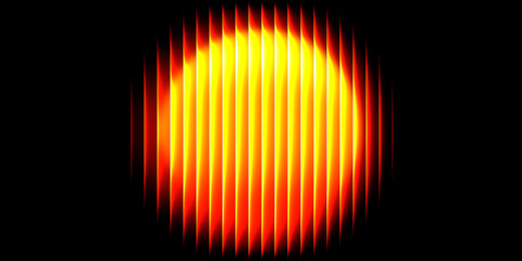Abstract glowing yellow and orange sun through vertical slats on dark background. © kkoi