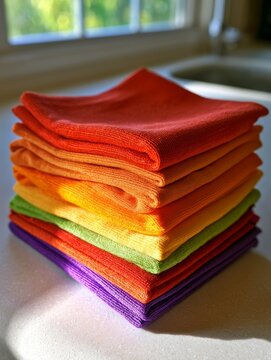 Stacked clean dish towels sitting on kitchen counter
