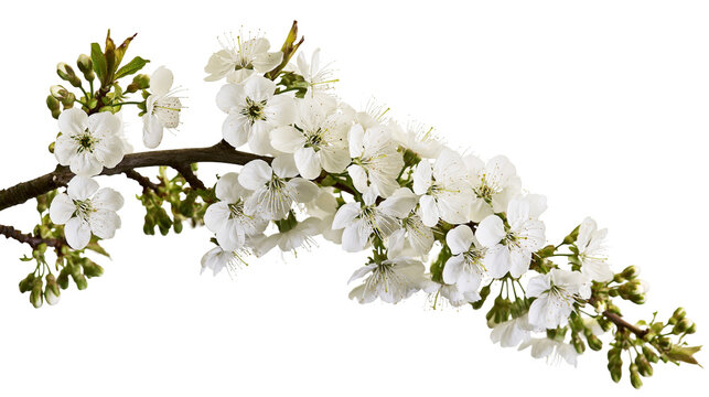 Isolated flowering cherry branch, vibrant white blooms, fresh green leaves and new buds