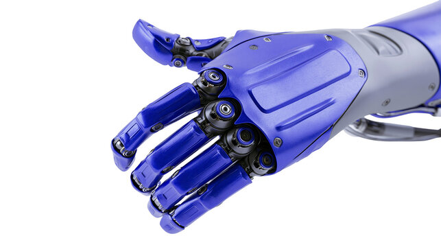 Isolated futuristic robotic hand prosthesis, blue and gray mechanical arm, advanced bionic technology.