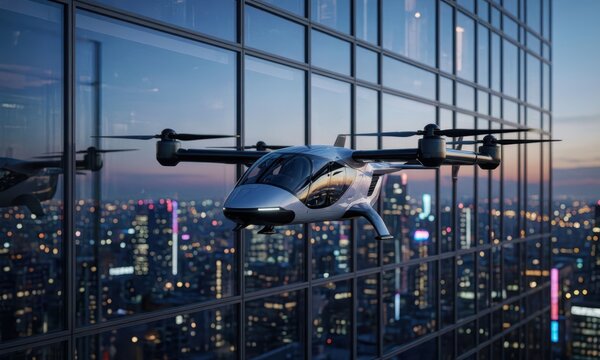 A sleek vtol air taxi hovers near a tall glass building. The city skyline glows as the vtol air taxi navigates effortlessly through the urban landscape.