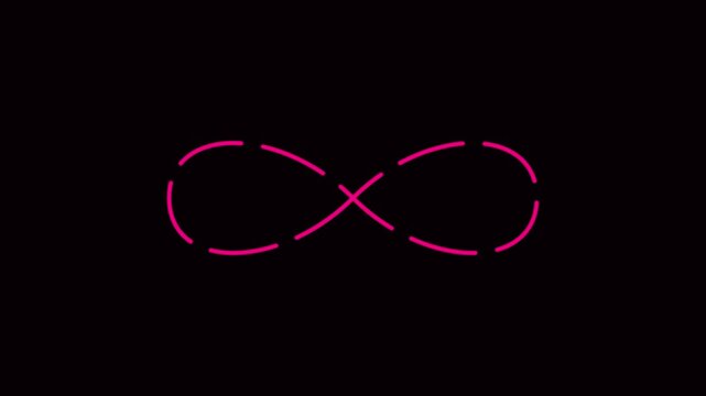 Neon pink infinity symbol animation with dashed line on 4k black background, loop