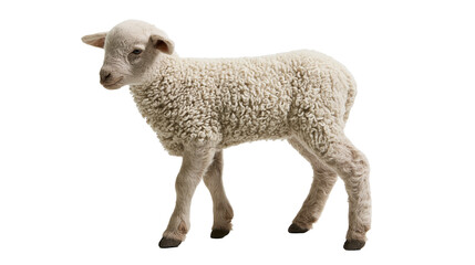 Obraz premium Isolated cute young lamb with curly wool standing gracefully, looking towards the left