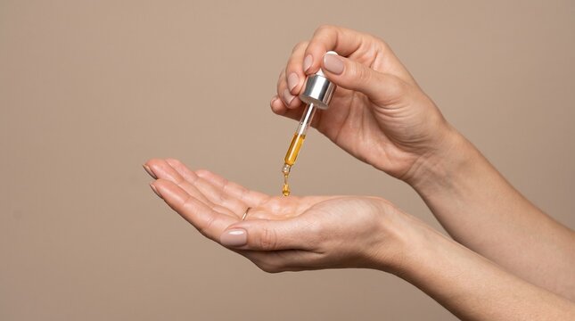 Woman applying facial serum with dropper on hand for skincare and beauty routine