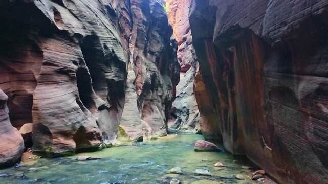 Sunrise light glows through the iconic Narrows trail along the Virgin River in Zion National Park