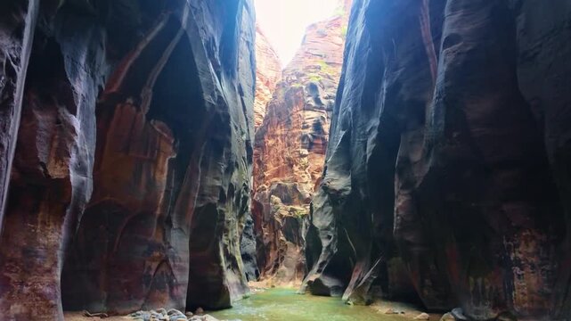 Sunrise light glows through the iconic Narrows trail along the Virgin River in Zion National Park