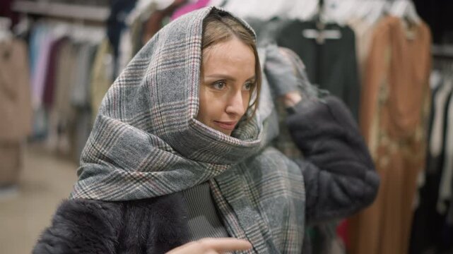 Close up of woman wearing gray plaid scarf adjusting it around neck and head in clothing store with various garments on racks. Soft lighting highlights texture details as woman examines
