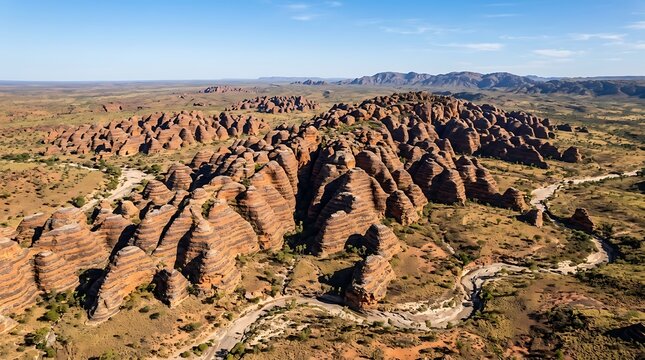 Bungle Bungle Range aerial view, sandstone beehive domes in Purnululu National Park, rugged outback wilderness landscape