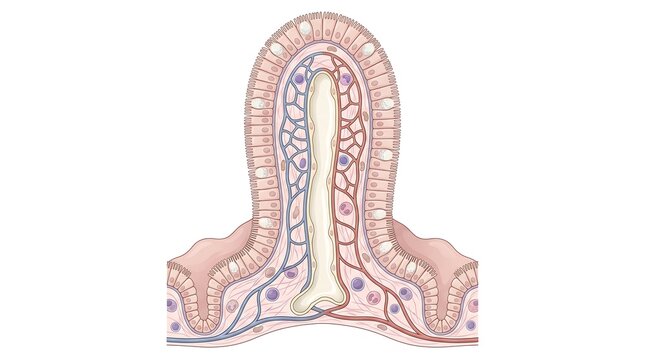 Detailed medical illustration of intestinal villus cross section showing mucosal layers and lacteal vessel