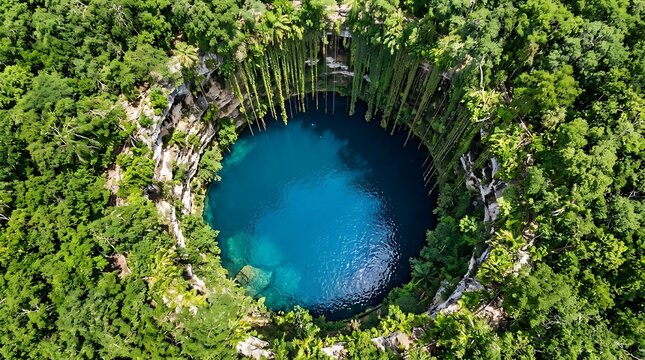 Tropical cenote with deep blue water, aerial view of natural sinkhole in jungle, exotic limestone pool surrounded by lush green forest