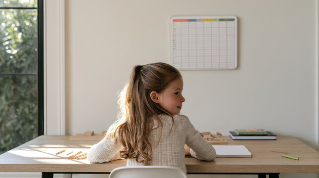 Young homeschool student sitting at a wooden desk with notebook and pencils in a bright home learning space with morning sunlight