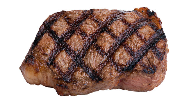 Isolated perfectly cooked juicy grilled beef steak with appealing char marks for a meal
