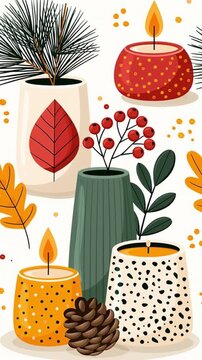 Pattern of cup, autumn leaf, candle, berries and pine cone on white background