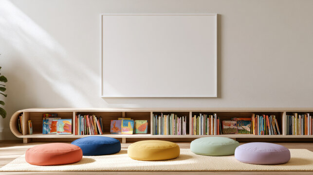 Blank classroom poster mockup above a low bookshelf with colorful books and floor cushions in a cozy elementary school reading area