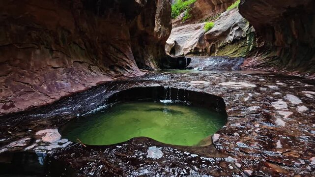 A scenic stream flows through water pools within the iconic Subway formation in Zion National Park
