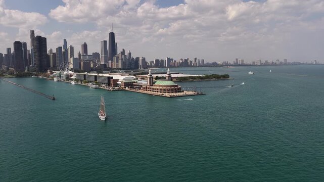 Aerial view Video of Chicago Skyline and navy Pier on Lake Michigan with Sailboat and boats on August 28 2026 