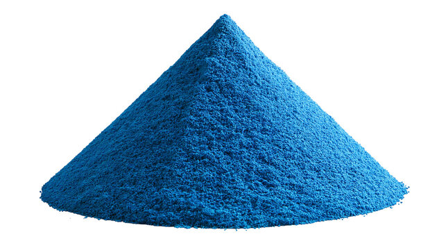 Isolated vibrant blue granular material pile, resembling small beads, powder, or pellets