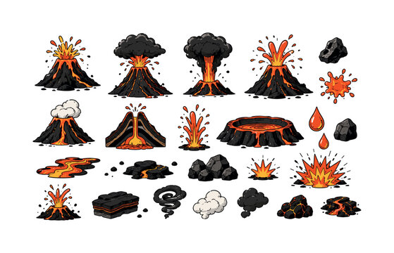 Collection of cartoon volcanoes erupting with lava, smoke, and ash