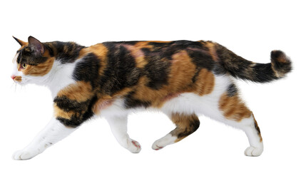 Isolated calico cat walking gracefully, a beautiful tricolor domestic feline in full stride. © Ioana