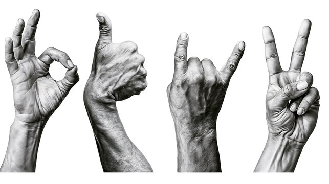 Isolated hand gestures collection depicting agreement, approval, rock and roll, and peace