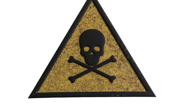 Isolated yellow and black hazard warning sign with skull and crossbones, danger of poison