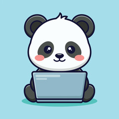 Cute cartoon panda sitting and working on a laptop computer © Alishba