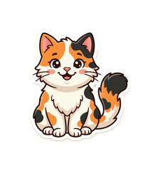 Fototapeta premium Cute cartoon calico cat sitting with a happy expression and fluffy tail
