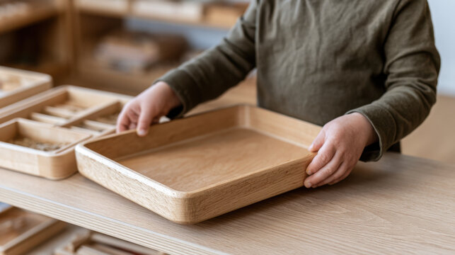 Young child placing a wooden tray on a table in montessori classroom during practical life activity focused on independence and organization