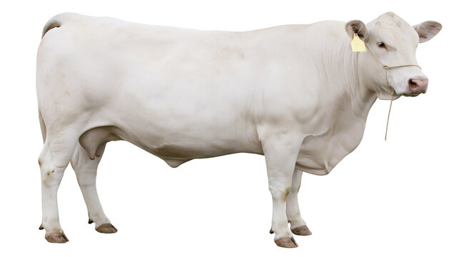 Isolated healthy white beef cattle with yellow ear tag and rope halter standing sideways