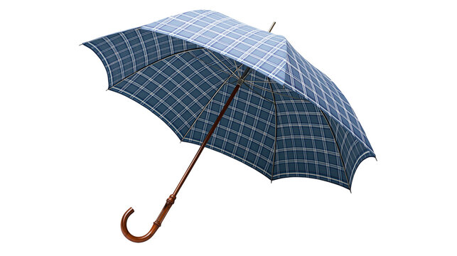 Isolated classic blue plaid umbrella with elegant wooden crook handle for weather protection