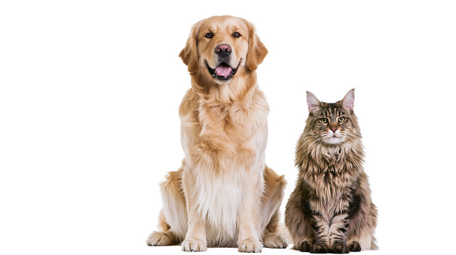 Isolated Golden Retriever dog and fluffy Maine Coon cat sitting together looking at camera