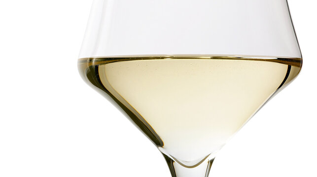 Isolated elegant wine glass filled with sparkling pale golden wine, refreshing alcoholic beverage