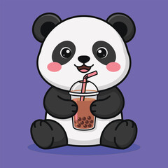 Cute cartoon panda sitting and drinking bubble tea on purple © Alishba