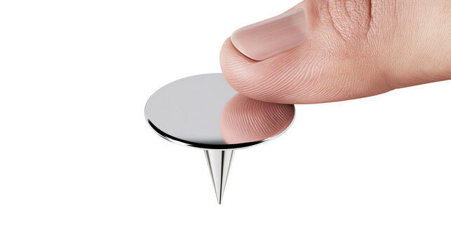 Isolated human thumb pressing on a shiny silver thumbtack or pushpin, close-up view