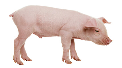 Isolated young domestic pig standing sideways, cute pink piglet with small tail and ears. © Gabriel