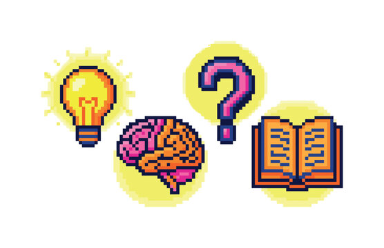 Pixel art icons representing knowledge, ideas, and questions