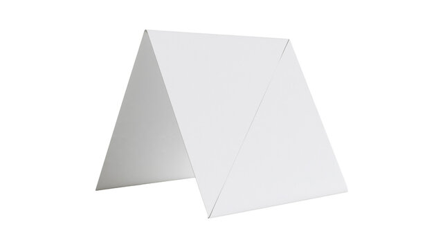 Isolated blank white folded paper tent card for table display or signage presentation.