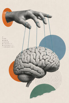 Mind control and manipulation, a brain on puppet strings illustrating persuasion, propaganda, addiction and loss of free will