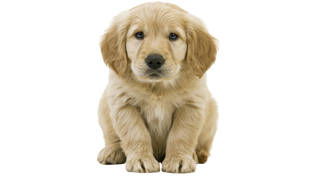 Isolated golden retriever puppy sitting looking at camera, adorable domestic pet dog