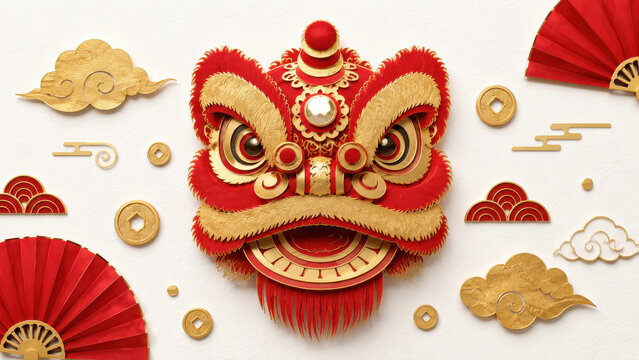 Red and gold Chinese lion dance head with fans coins and clouds arranged on a white textured paper background for New Year