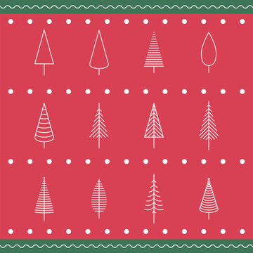 Christmas tree pattern with minimalist outline pine trees on red background