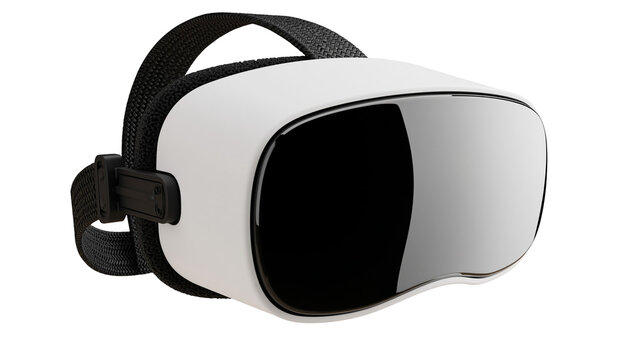 Isolated modern white virtual reality headset with black strap for immersive digital experience