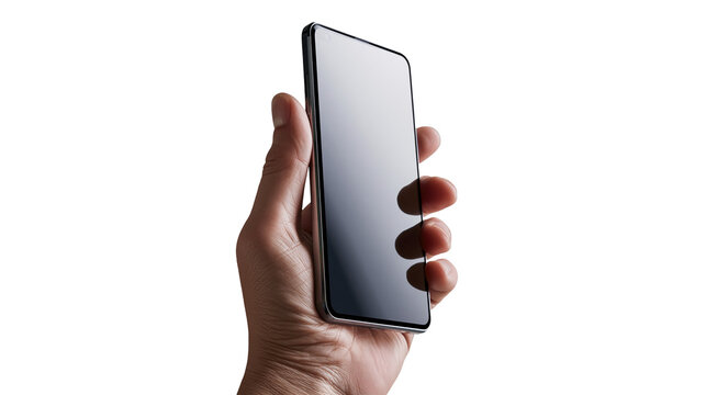 Isolated hand holding sleek black smartphone with dark blank screen, modern digital technology.