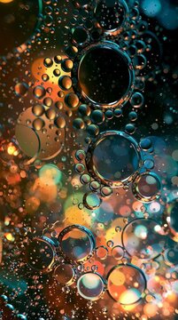 Bubbles move and shift in water with bright colors providing an abstract view. Light reflects off the surfaces creating varied designs.