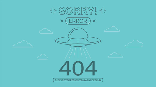 Sorry Error 404 Page Not Found with UFO Spaceship Illustration on Teal Background