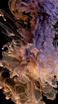 Gold ink weaves through dark water to form various shapes and patterns, showing an artistic interaction of colors in motion.