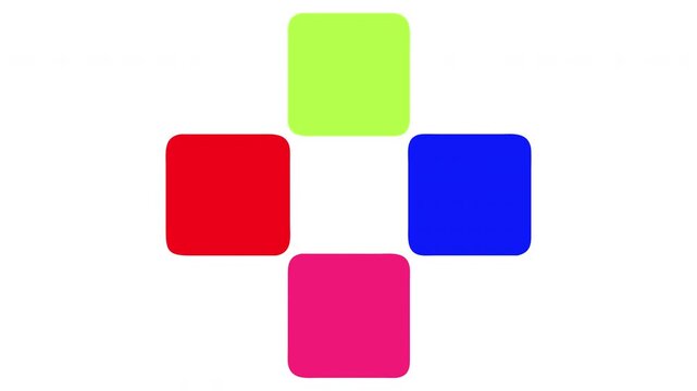 Abstract background featuring four colorful rotating squares moving in a repeating circular motion on white