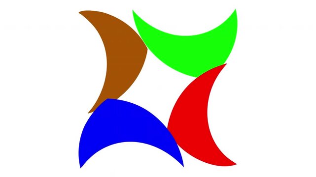 Abstract circular motion featuring vibrant geometric shapes in primary colors rotating against a white background